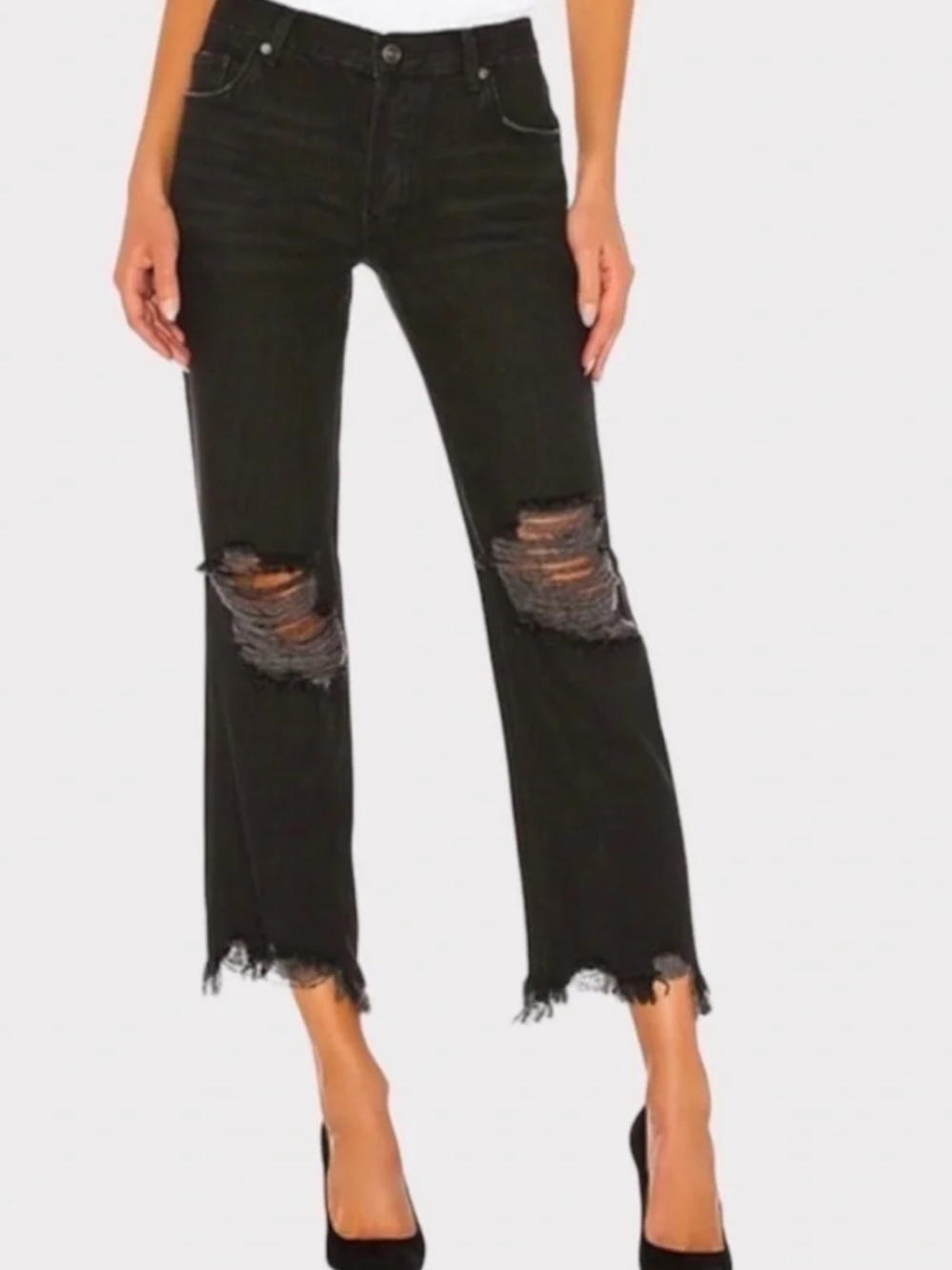 Free People Maggie Straight Leg Crop Jean Distressed Washed Black